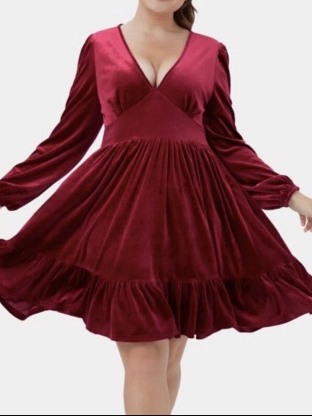 NWT Halara Everyday Deep V Neck Long Sleeve Ruffle Hem Velvet Holiday Dress SZ L